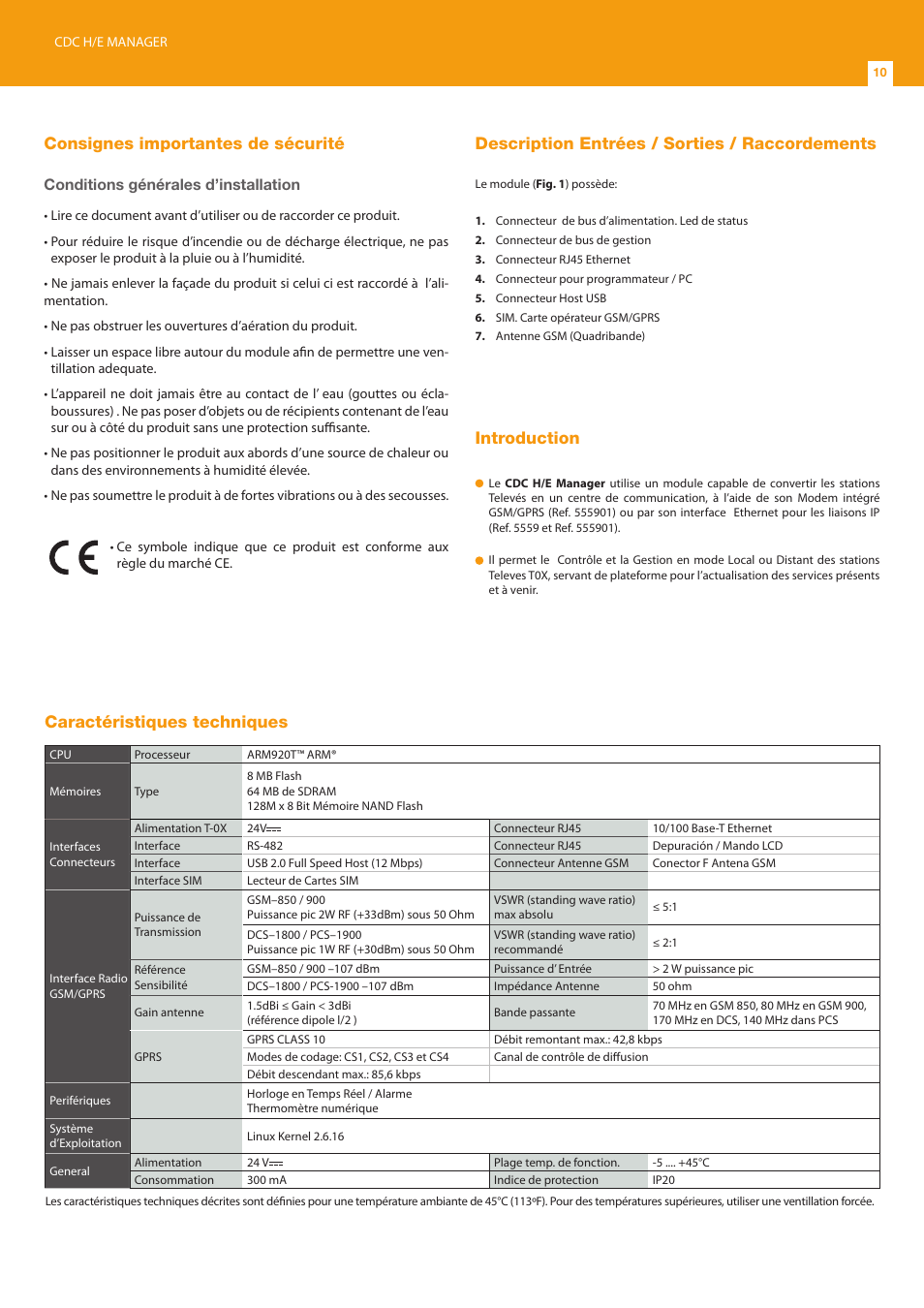 Consignes importantes de sécurité, Description entrées / sorties / raccordements, Introduction | Caractéristiques techniques, Conditions générales d’installation | Televes T.0X controlador CDC IP User Manual | Page 10 / 20