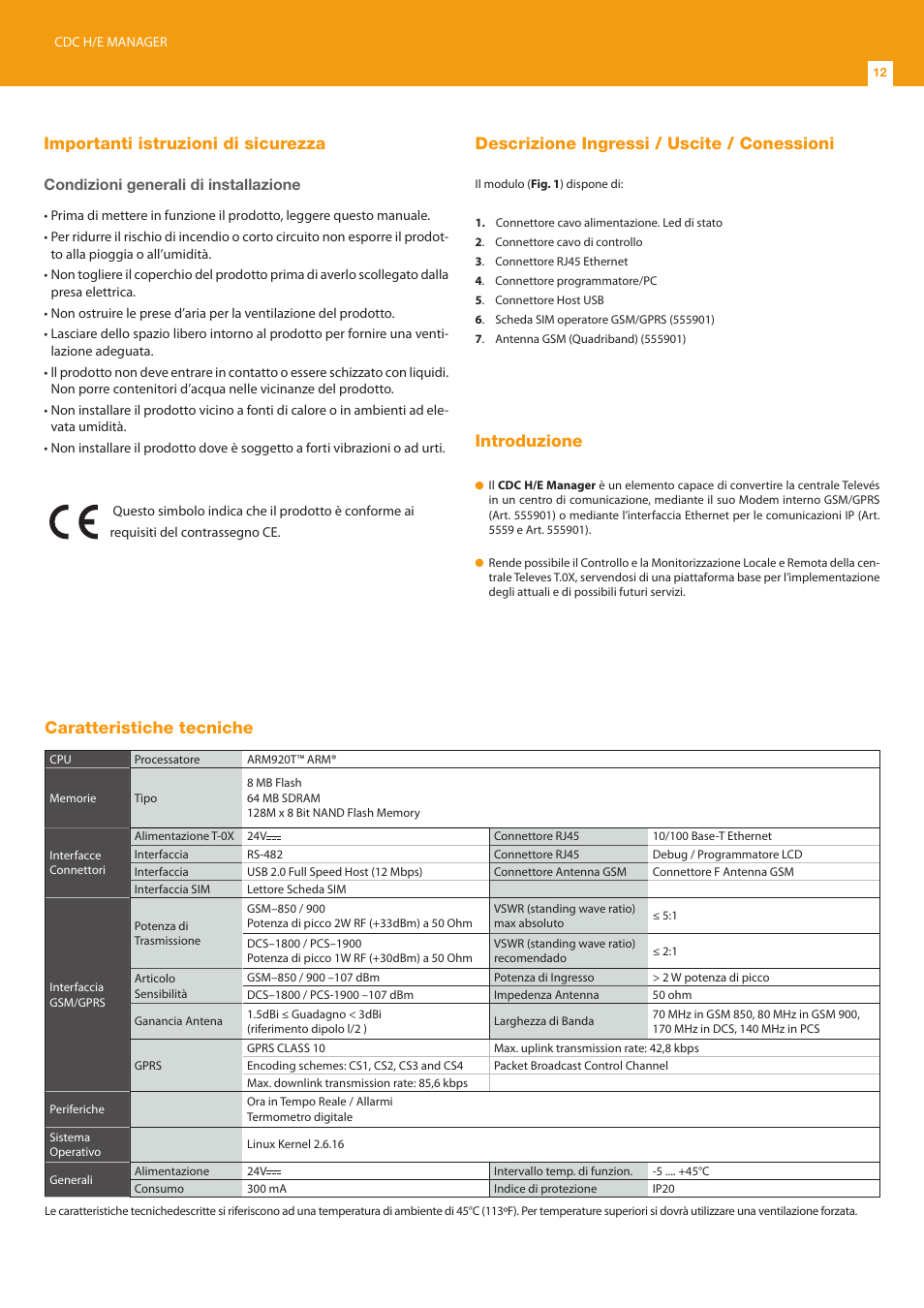 Importanti istruzioni di sicurezza, Descrizione ingressi / uscite / conessioni, Introduzione | Caratteristiche tecniche, Condizioni generali di installazione | Televes T.0X controlador CDC IP User Manual | Page 12 / 20