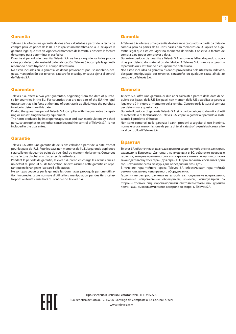 Garantia, Guarentee, Garantie | Garanzia, Гарантия | Televes T.0X controlador CDC IP User Manual | Page 16 / 20