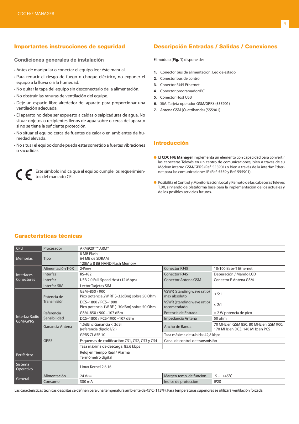 Importantes instrucciones de seguridad, Descripción entradas / salidas / conexiones, Introducción | Características técnicas, Condiciones generales de instalación | Televes T.0X controlador CDC IP User Manual | Page 4 / 20