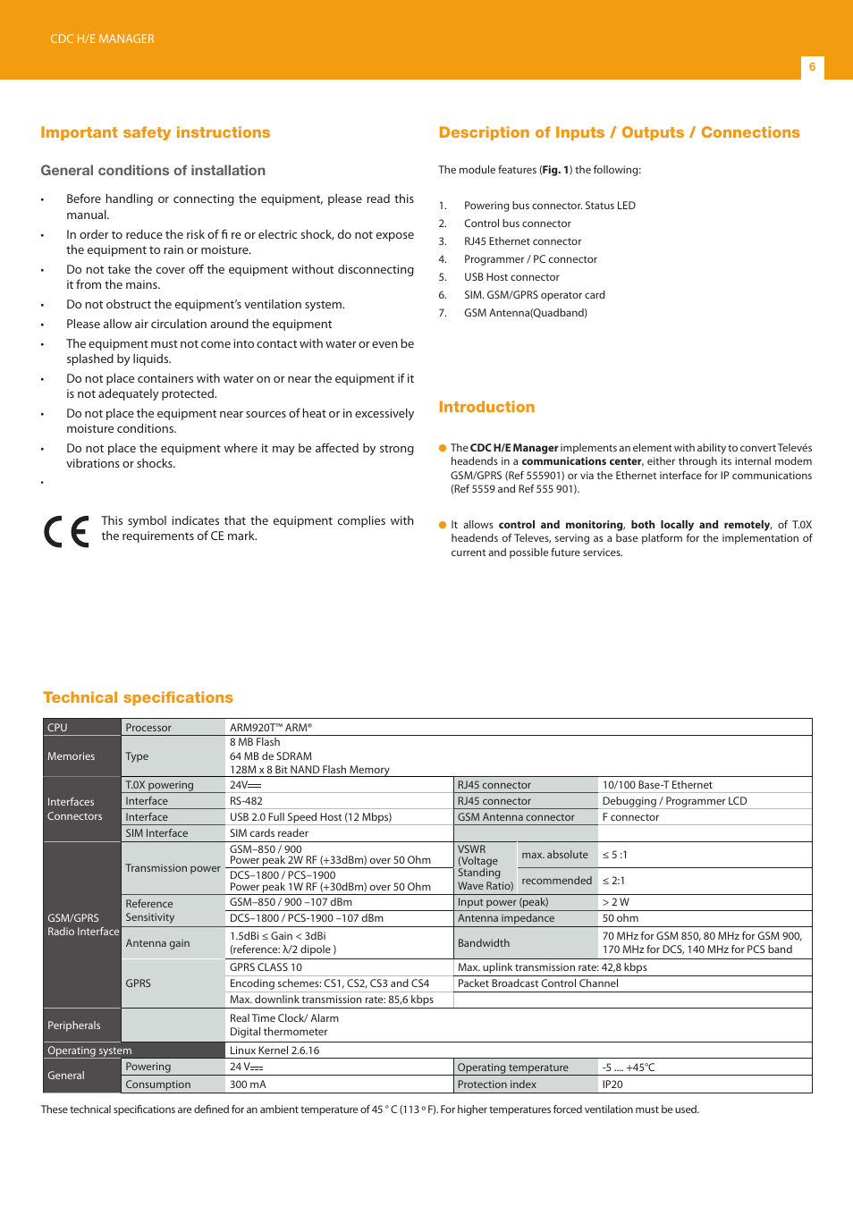 Important safety instructions, Description of inputs / outputs / connections, Introduction | Technical specifications | Televes T.0X controlador CDC IP User Manual | Page 6 / 20