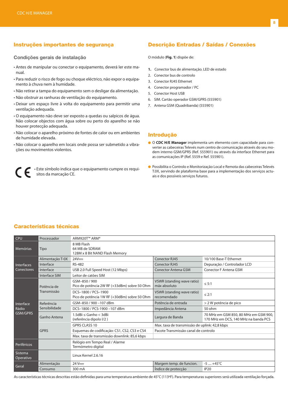 Instruções importantes de segurança, Descrição entradas / saídas / conexões, Introdução | Características técnicas, Condições gerais de instalação | Televes T.0X controlador CDC IP User Manual | Page 8 / 20