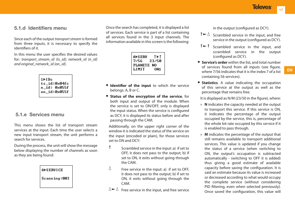 D identifiers menu, E services menu | Televes T.0X DVBS2-COFDM CI TWIN MUX 3TP(2SAT):2CH User Manual | Page 17 / 36