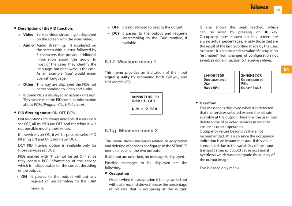 F measure menu 1, G measure menu 2 | Televes T.0X DVBS2-COFDM CI TWIN MUX 3TP(2SAT):2CH User Manual | Page 19 / 36