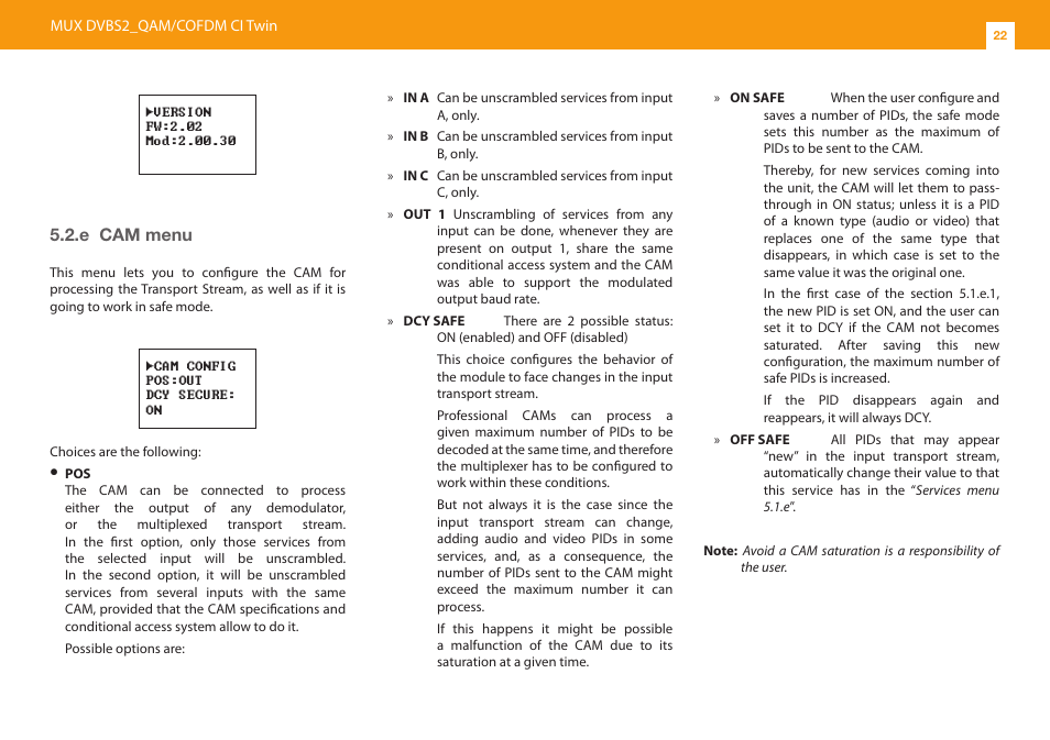 E cam menu | Televes T.0X DVBS2-COFDM CI TWIN MUX 3TP(2SAT):2CH User Manual | Page 22 / 36