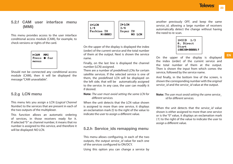 H service_ids remapping menu, F cam user interface menu (mmi), G lcn menu | Televes T.0X DVBS2-COFDM CI TWIN MUX 3TP(2SAT):2CH User Manual | Page 23 / 36