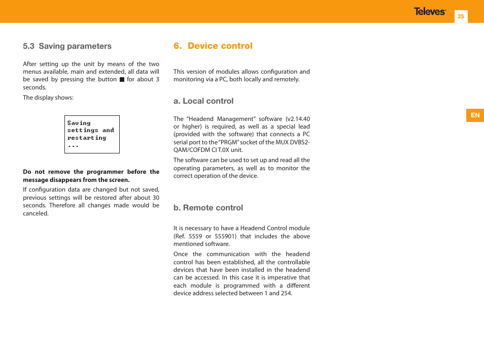 Device control, A. local control, B. remote control | 3 saving parameters | Televes T.0X DVBS2-COFDM CI TWIN MUX 3TP(2SAT):2CH User Manual | Page 25 / 36