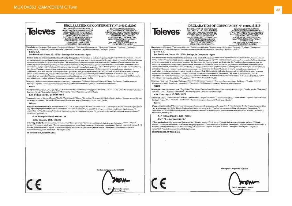 Televes T.0X DVBS2-COFDM CI TWIN MUX 3TP(2SAT):2CH User Manual | Page 32 / 36