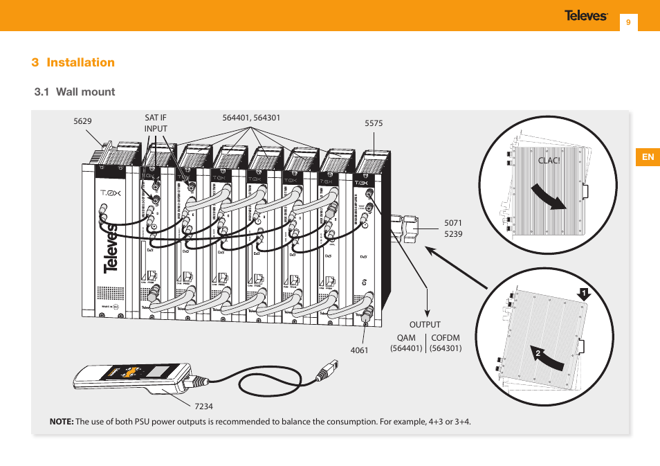 3 installation, 1 wall mount, Clac | Televes T.0X DVBS2-COFDM CI TWIN MUX 3TP(2SAT):2CH User Manual | Page 9 / 36