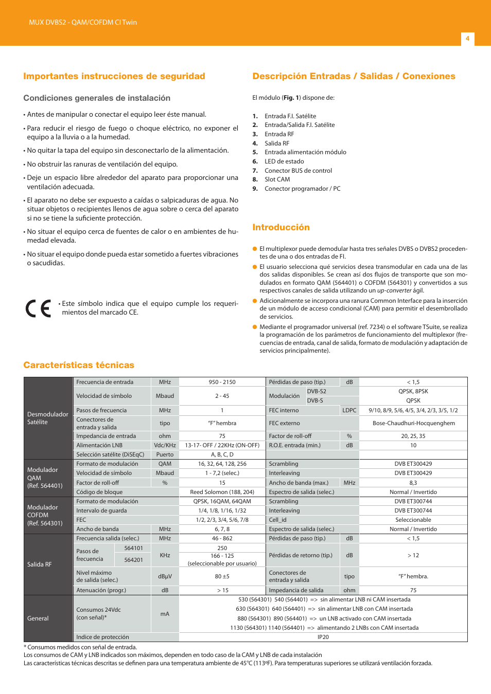 Importantes instrucciones de seguridad, Descripción entradas / salidas / conexiones, Introducción | Características técnicas, Condiciones generales de instalación | Televes T.0X DVBS2-COFDM CI TWIN MUX 3TP(2SAT):2CH User Manual | Page 4 / 12