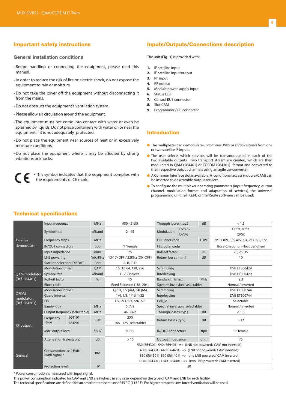 Important safety instructions, Inputs/outputs/connections description, Introduction | Technical specifications, General installation conditions | Televes T.0X DVBS2-COFDM CI TWIN MUX 3TP(2SAT):2CH User Manual | Page 6 / 12