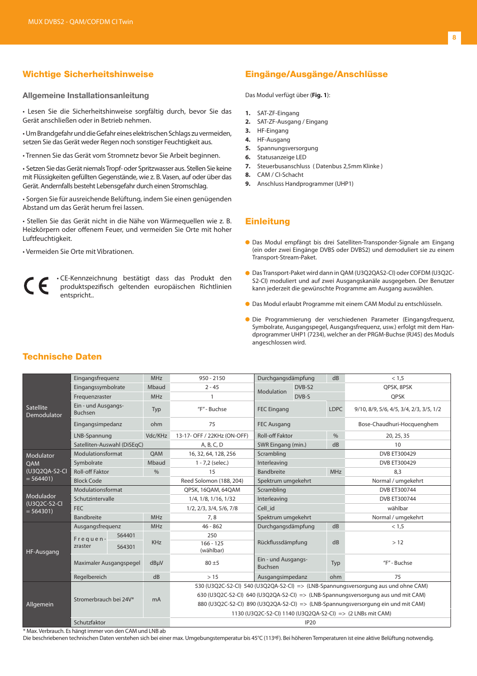 Wichtige sicherheitshinweise, Eingänge/ausgänge/anschlüsse, Einleitung | Technische daten, Allgemeine installationsanleitung | Televes T.0X DVBS2-COFDM CI TWIN MUX 3TP(2SAT):2CH User Manual | Page 8 / 12