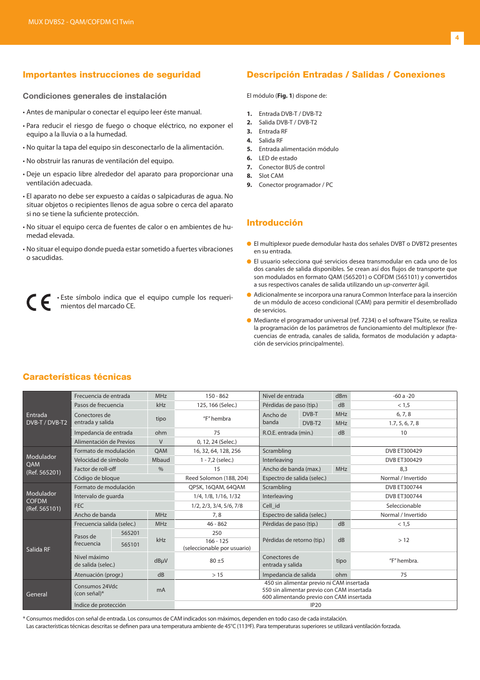 Importantes instrucciones de seguridad, Descripción entradas / salidas / conexiones, Introducción | Características técnicas, Condiciones generales de instalación | Televes T.0X DVB/T2-COFDM CI TWIN MUX 2Ch-2Ch User Manual | Page 4 / 12