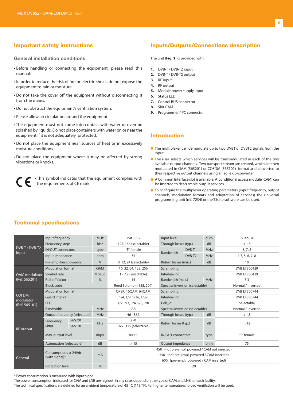 Important safety instructions, Inputs/outputs/connections description, Introduction | Technical specifications, General installation conditions | Televes T.0X DVB/T2-COFDM CI TWIN MUX 2Ch-2Ch User Manual | Page 6 / 12