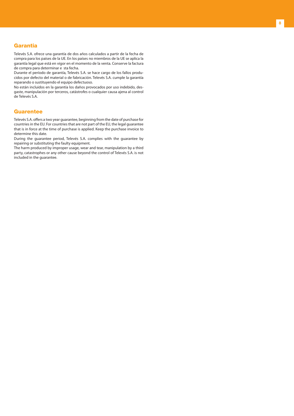 Garantia, Guarentee | Televes T.0X DVB/T2-COFDM CI TWIN MUX 2Ch-2Ch User Manual | Page 8 / 12