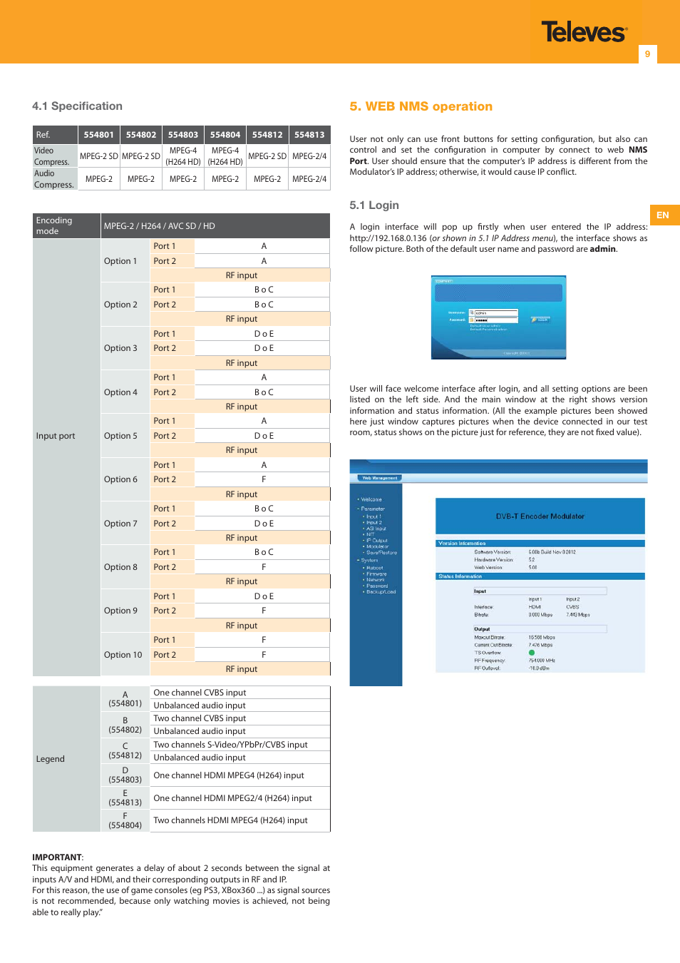 Web nms operation, 1 specifi cation, 1 login | Televes DigiSlot DVB-T modulator, wall mount User Manual | Page 9 / 20