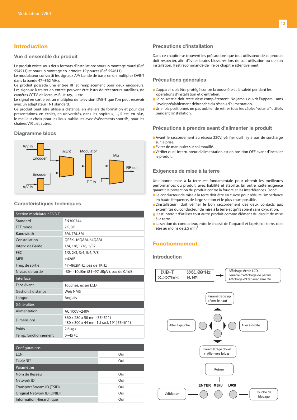 Introduction, Fonctionnement, Vue d’ensemble du produit | Diagramme blocs, Précautions générales, Précautions à prendre avant d’alimenter le produit, Exigences de mise à la terre | Televes DigiSlot DVB-T modulator, wall mount User Manual | Page 12 / 32