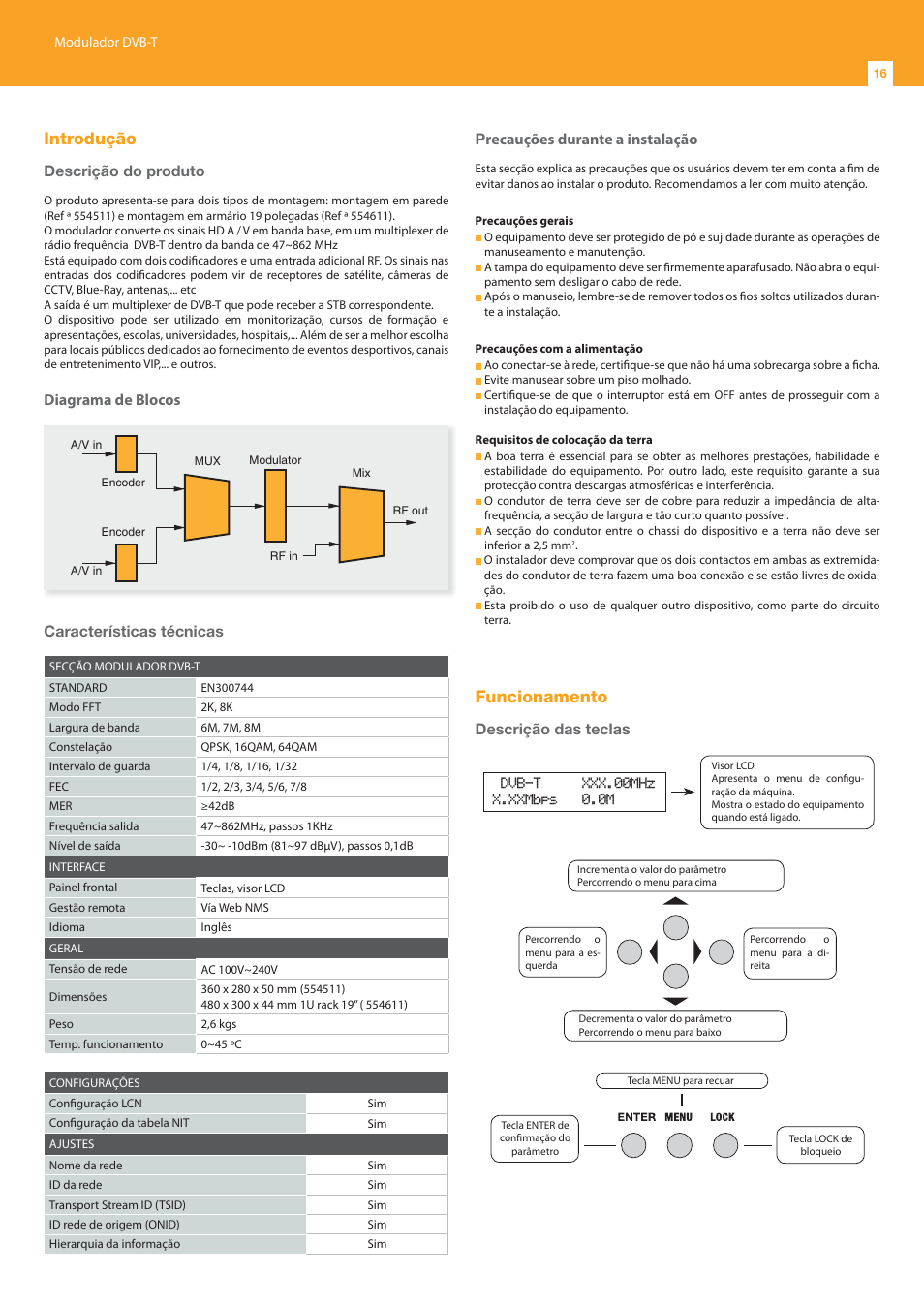 Introdução, Funcionamento, Descrição do produto | Diagrama de blocos, Descrição das teclas | Televes DigiSlot DVB-T modulator, wall mount User Manual | Page 16 / 32