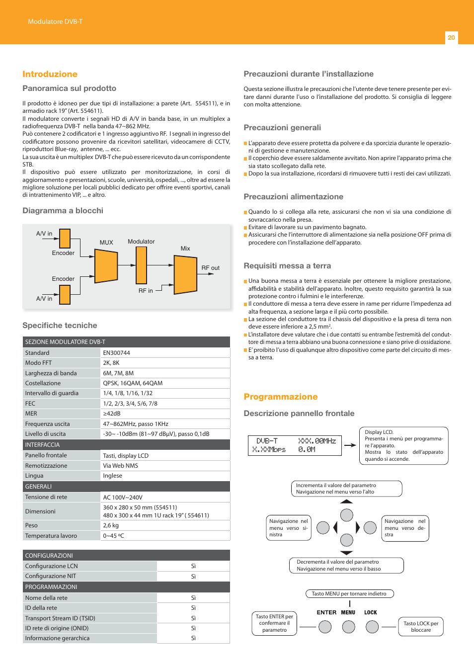 Introduzione, Programmazione, Panoramica sul prodotto | Diagramma a blocchi, Precauzioni generali, Precauzioni alimentazione, Requisiti messa a terra, Descrizione pannello frontale | Televes DigiSlot DVB-T modulator, wall mount User Manual | Page 20 / 32