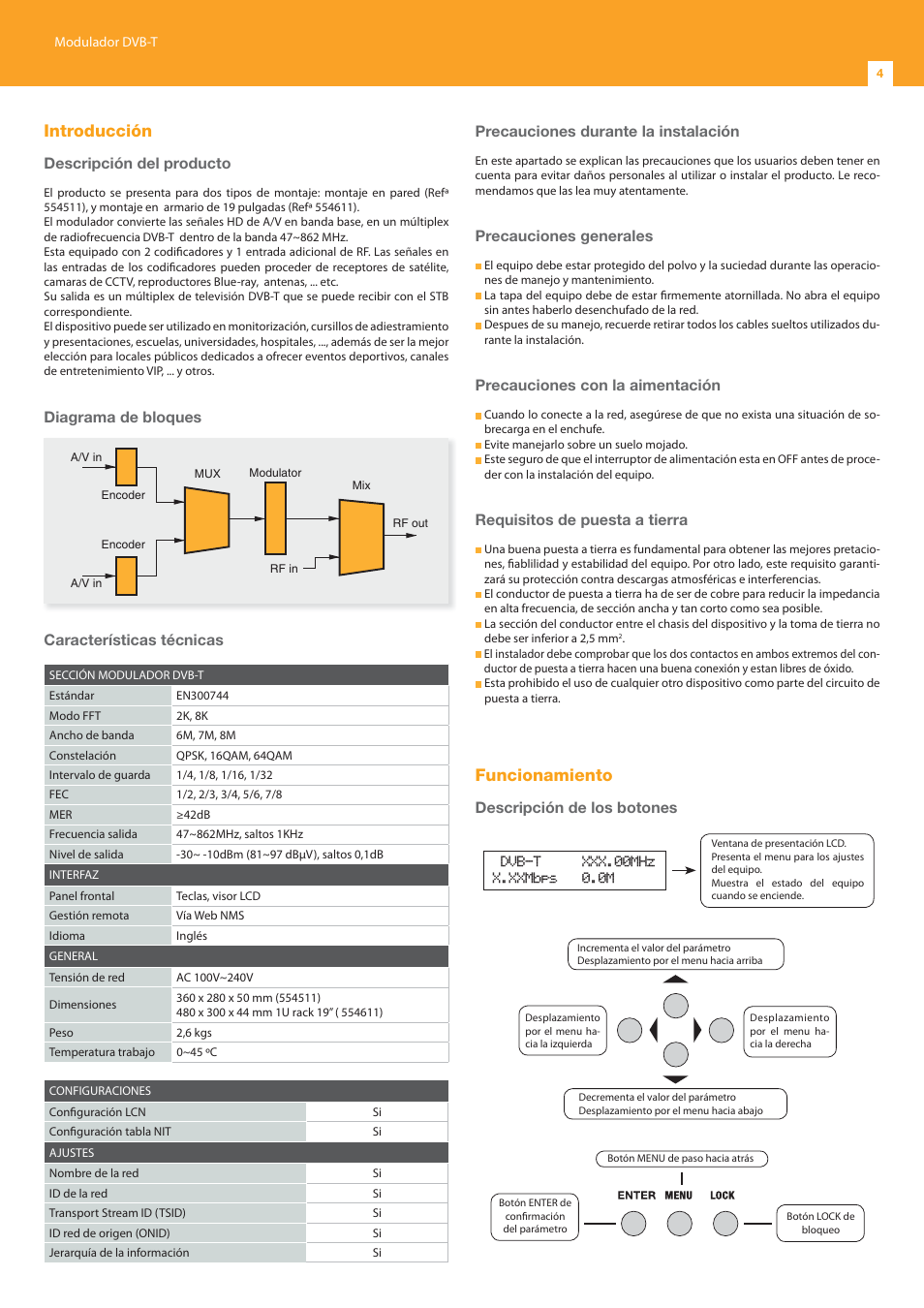 Introducción, Funcionamiento, Descripción del producto | Diagrama de bloques, Características técnicas, Precauciones durante la instalación, Precauciones generales, Precauciones con la aimentación, Requisitos de puesta a tierra, Descripción de los botones | Televes DigiSlot DVB-T modulator, wall mount User Manual | Page 4 / 32