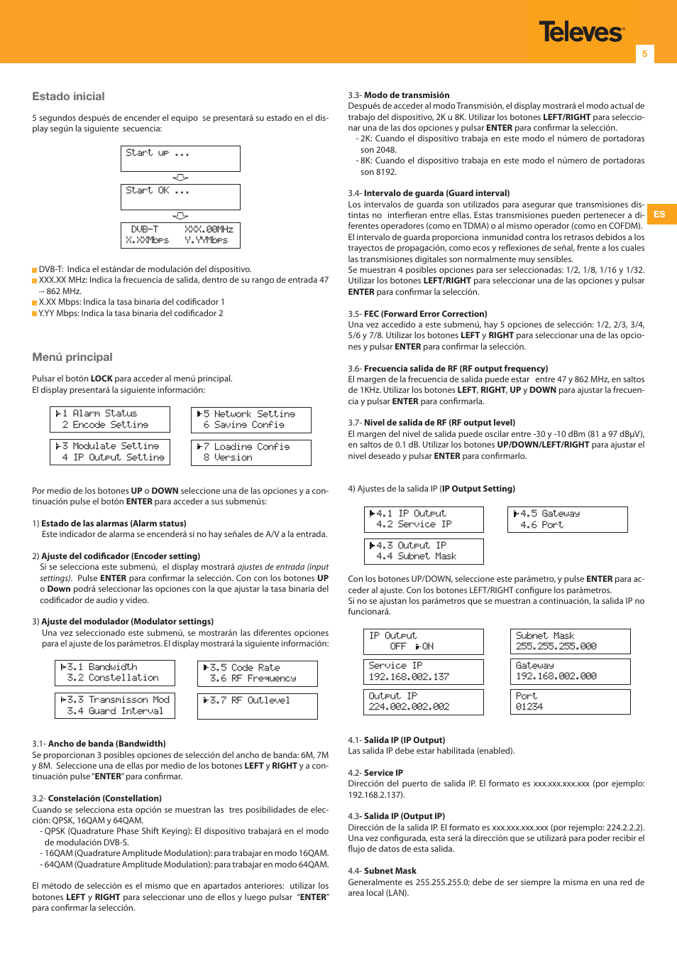 Estado inicial, Menú principal | Televes DigiSlot DVB-T modulator, wall mount User Manual | Page 5 / 32