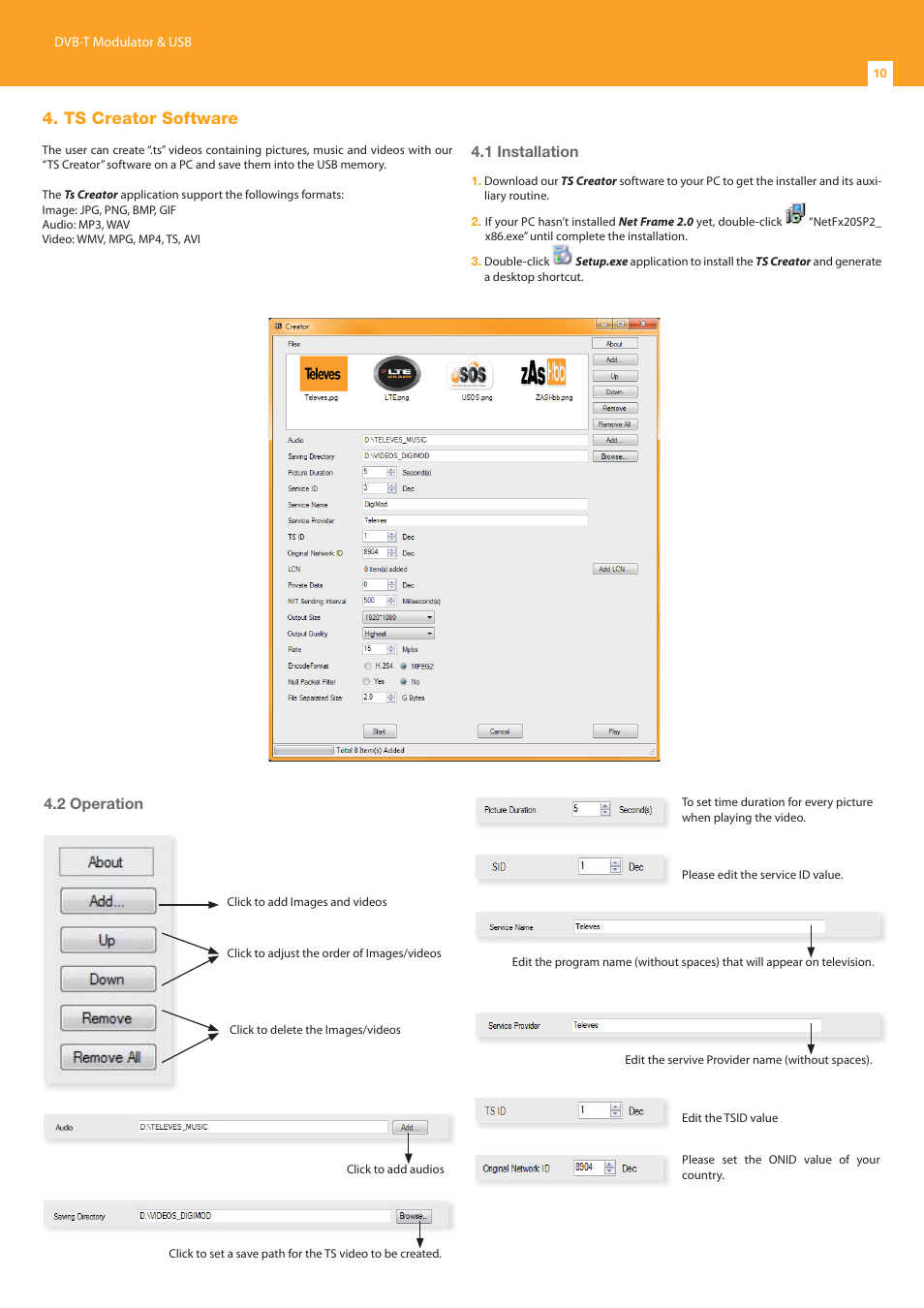 Ts creator software, 1 installation, 2 operation | Televes DVB-T Modulator 1Ch A/V CVBS + USB, DigiMod User Manual | Page 10 / 16