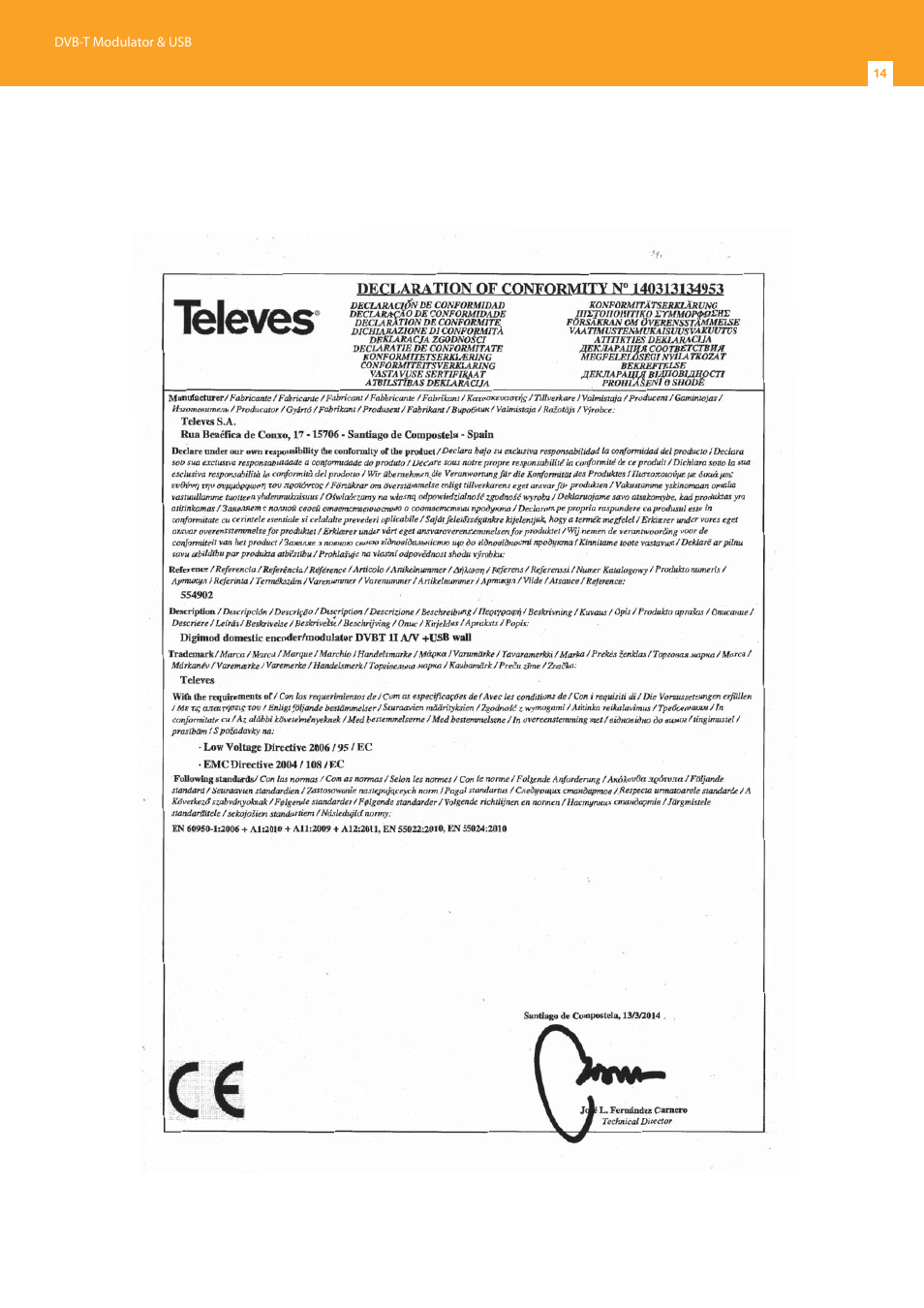 Televes DVB-T Modulator 1Ch A/V CVBS + USB, DigiMod User Manual | Page 14 / 16