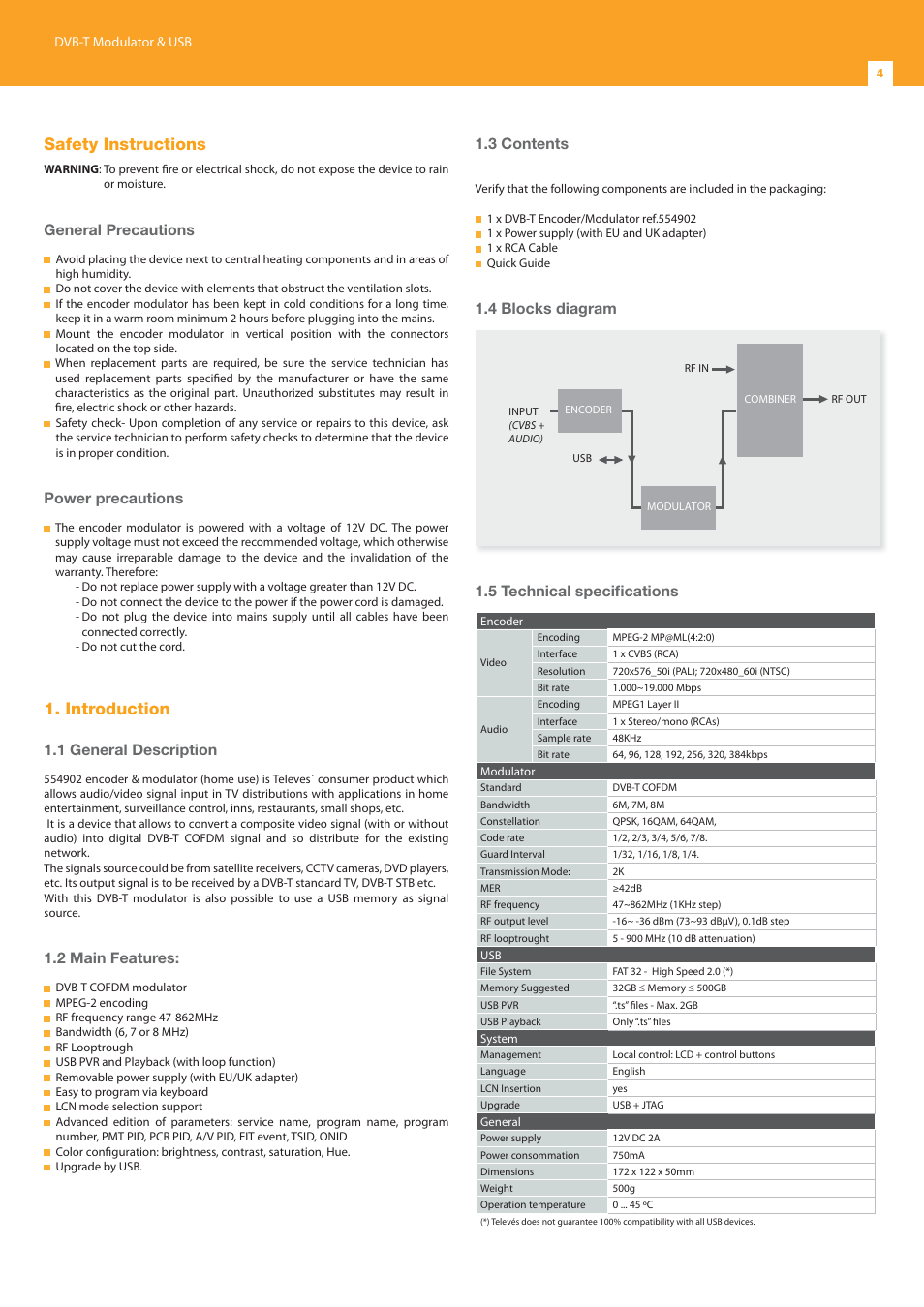 Safety instructions, Introduction, General precautions | Power precautions, 1 general description, 2 main features, 3 contents, 4 blocks diagram, 5 technical specifi cations | Televes DVB-T Modulator 1Ch A/V CVBS + USB, DigiMod User Manual | Page 4 / 16