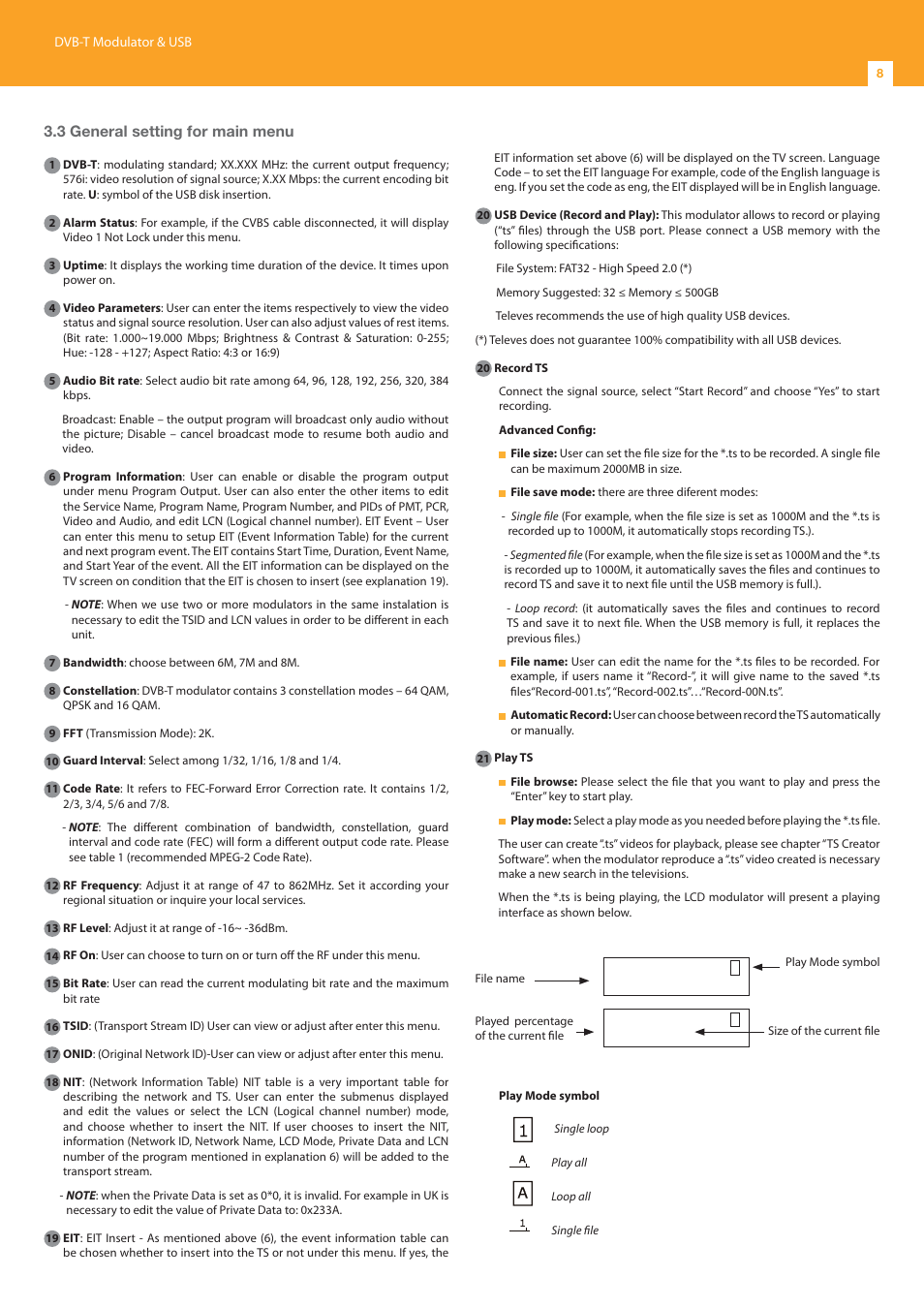 3 general setting for main menu | Televes DVB-T Modulator 1Ch A/V CVBS + USB, DigiMod User Manual | Page 8 / 16