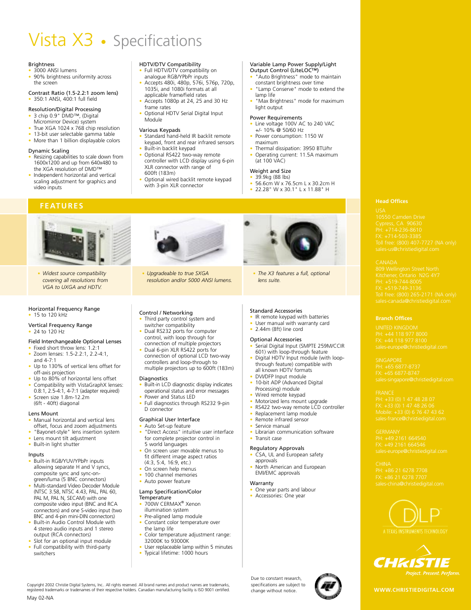 Vista x3, Specifications | Christie Digital Systems X3 User Manual | Page 2 / 2