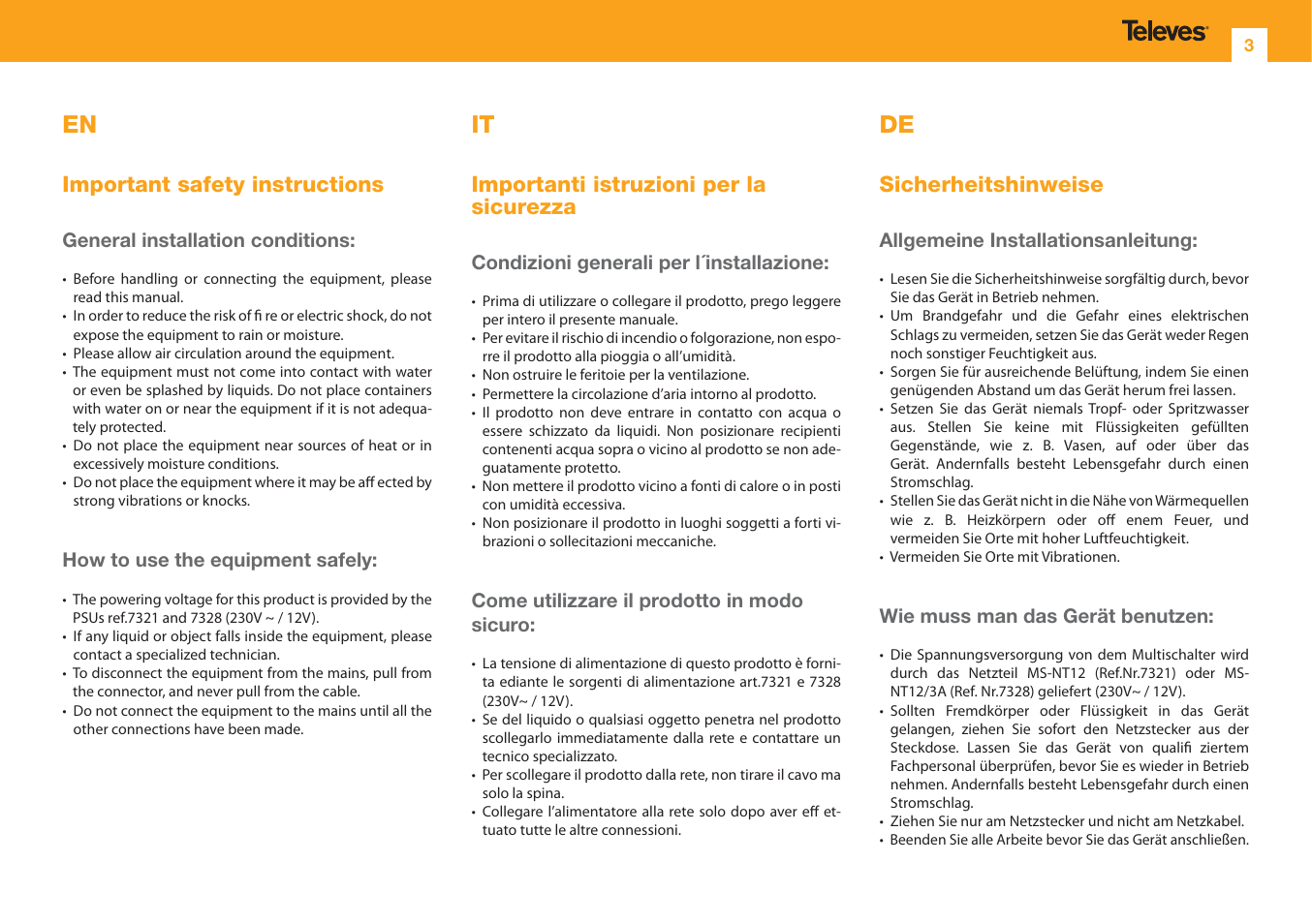 Importanti istruzioni per la sicurezza, Important safety instructions, Sicherheitshinweise | Televes 13x32 terminal User Manual | Page 3 / 12