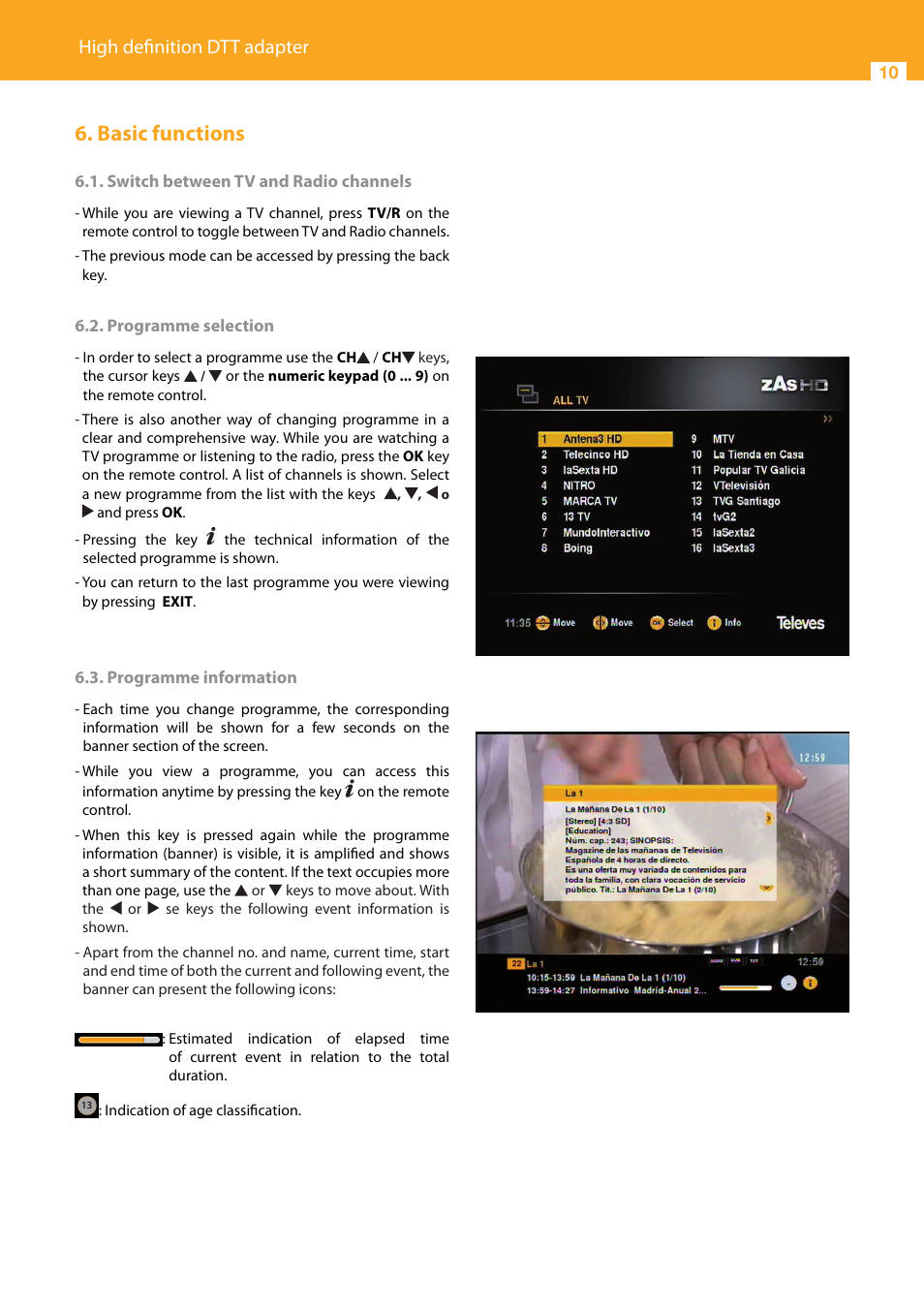 Basic functions, High definition dtt adapter, Switch between tv and radio channels | Programme selection, Programme information | Televes HD DTT Receiver User Manual | Page 10 / 40