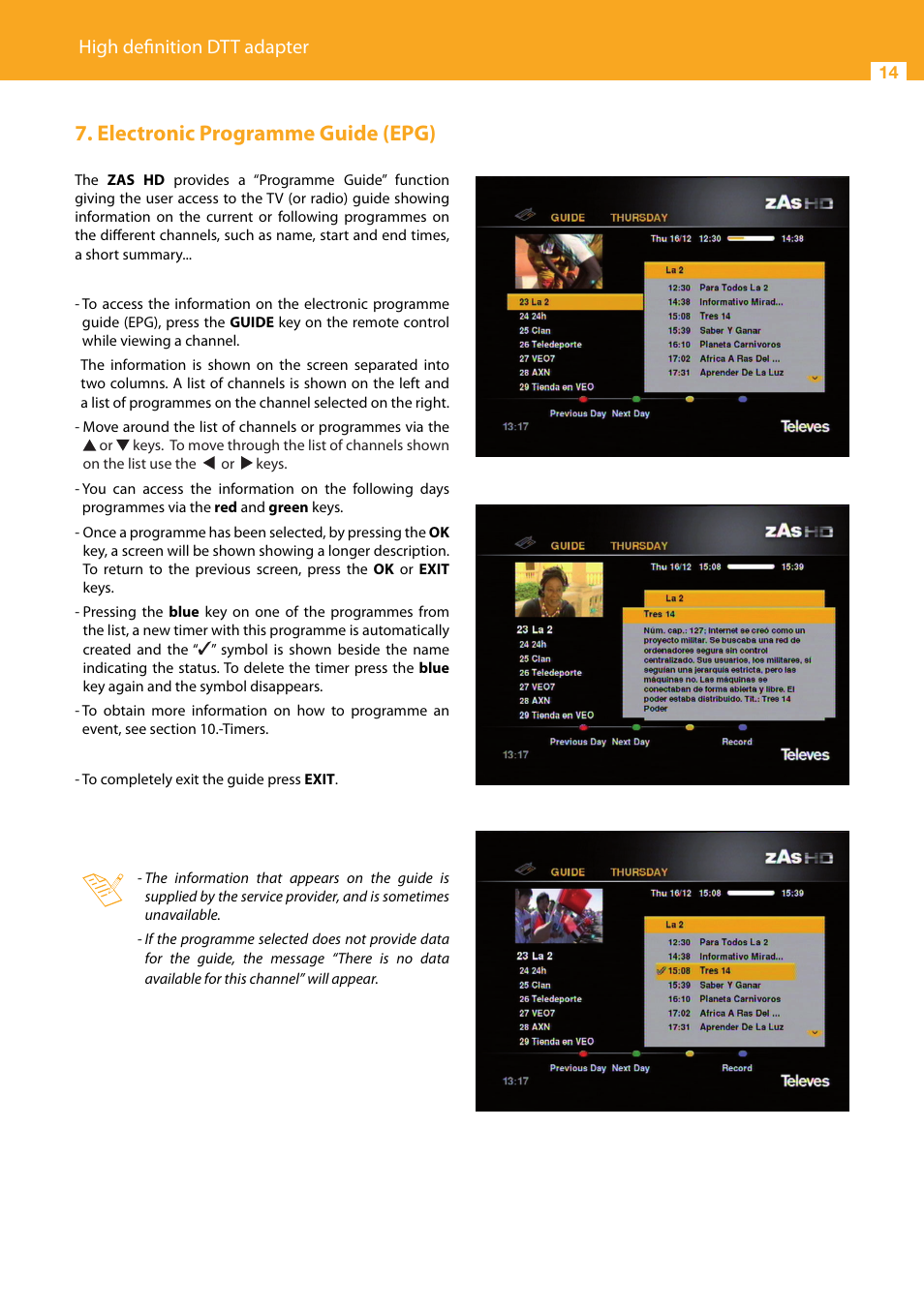 Electronic programme guide (epg), High definition dtt adapter | Televes HD DTT Receiver User Manual | Page 14 / 40