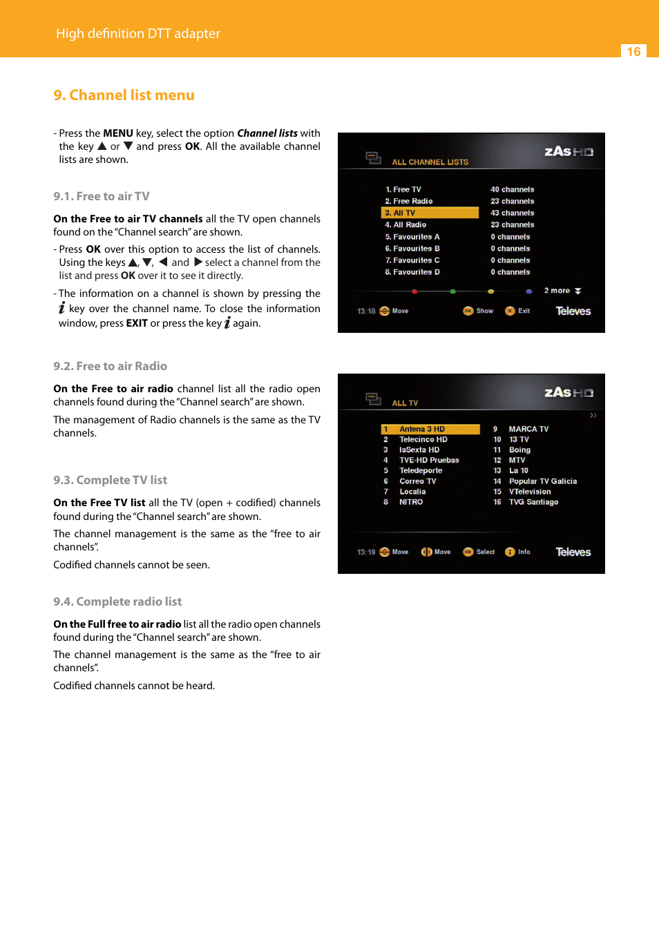 Channel list menu, High definition dtt adapter | Televes HD DTT Receiver User Manual | Page 16 / 40