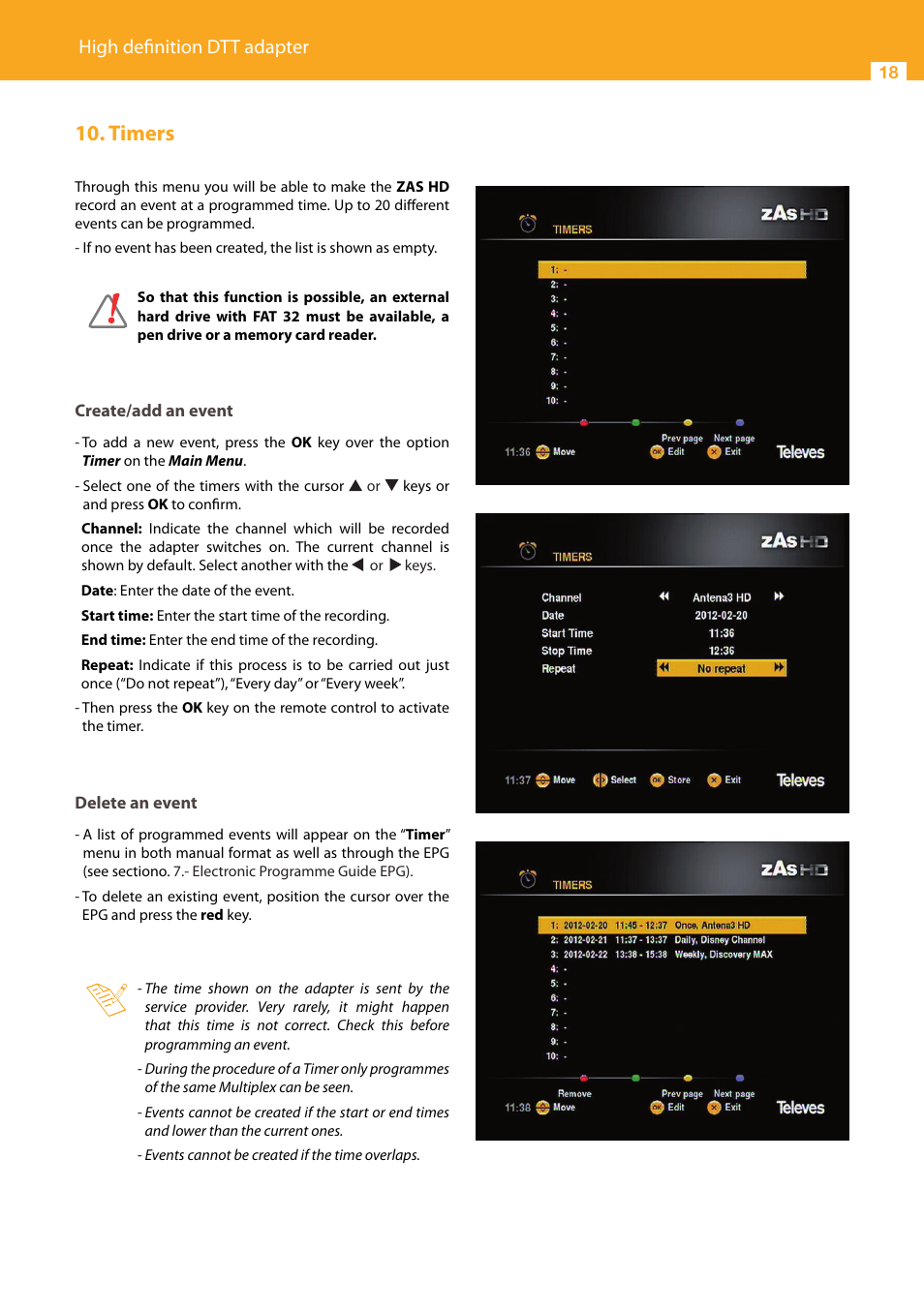 Timers, High definition dtt adapter | Televes HD DTT Receiver User Manual | Page 18 / 40