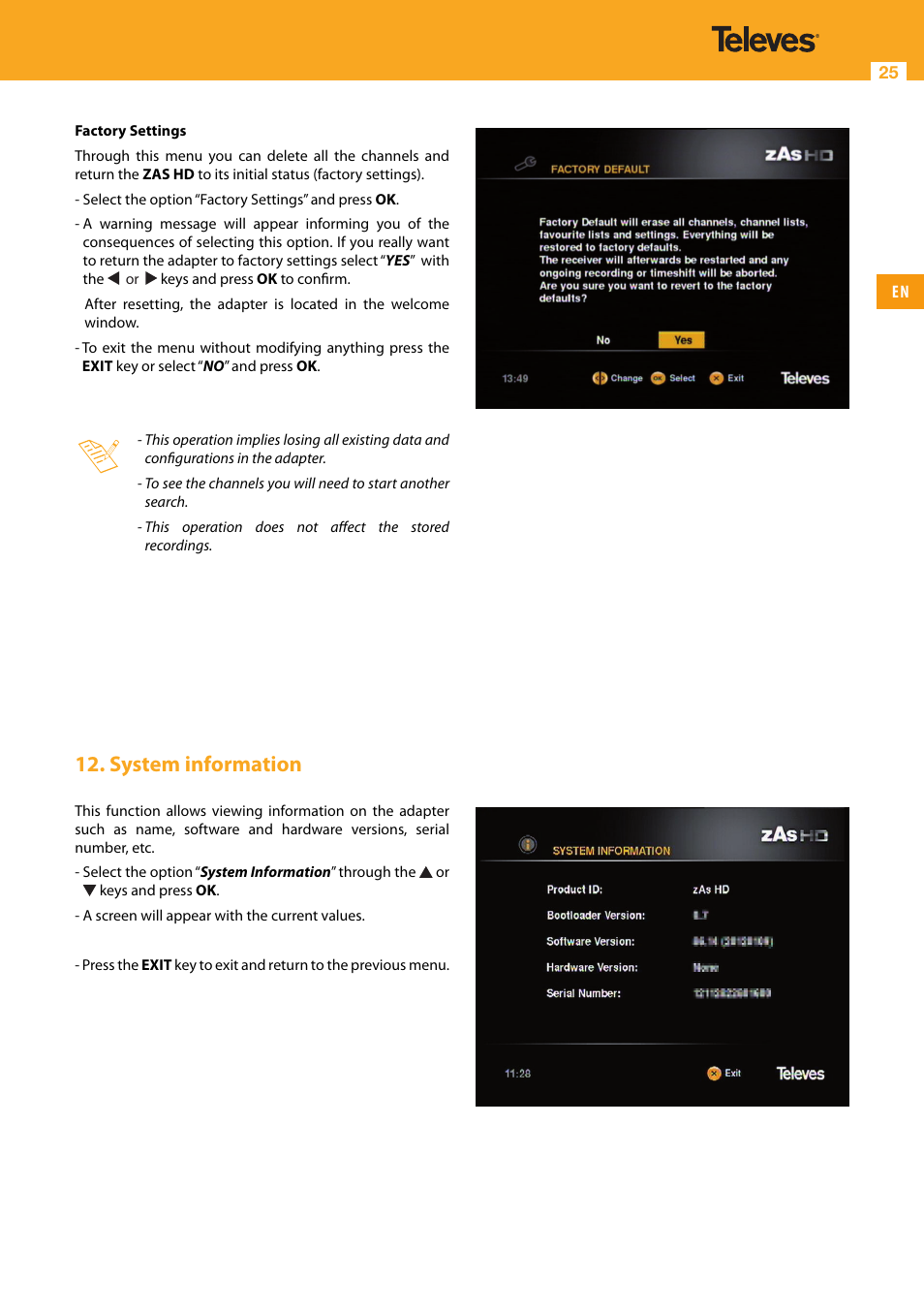 System information | Televes HD DTT Receiver User Manual | Page 25 / 40