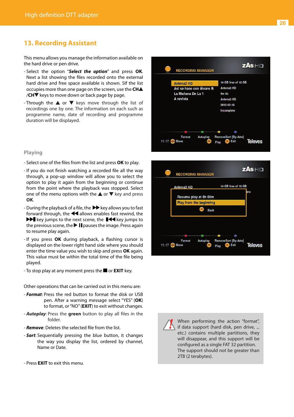 Recording assistant, High definition dtt adapter | Televes HD DTT Receiver User Manual | Page 26 / 40