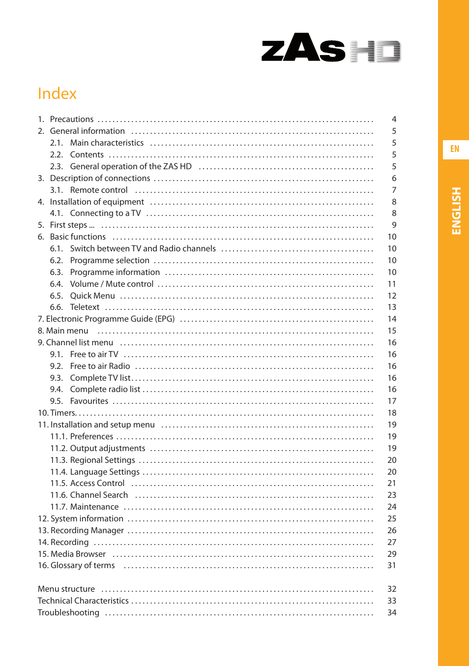 Index, English | Televes HD DTT Receiver User Manual | Page 3 / 40