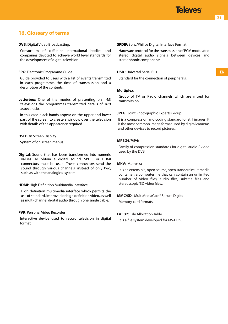 Glossary of terms | Televes HD DTT Receiver User Manual | Page 31 / 40