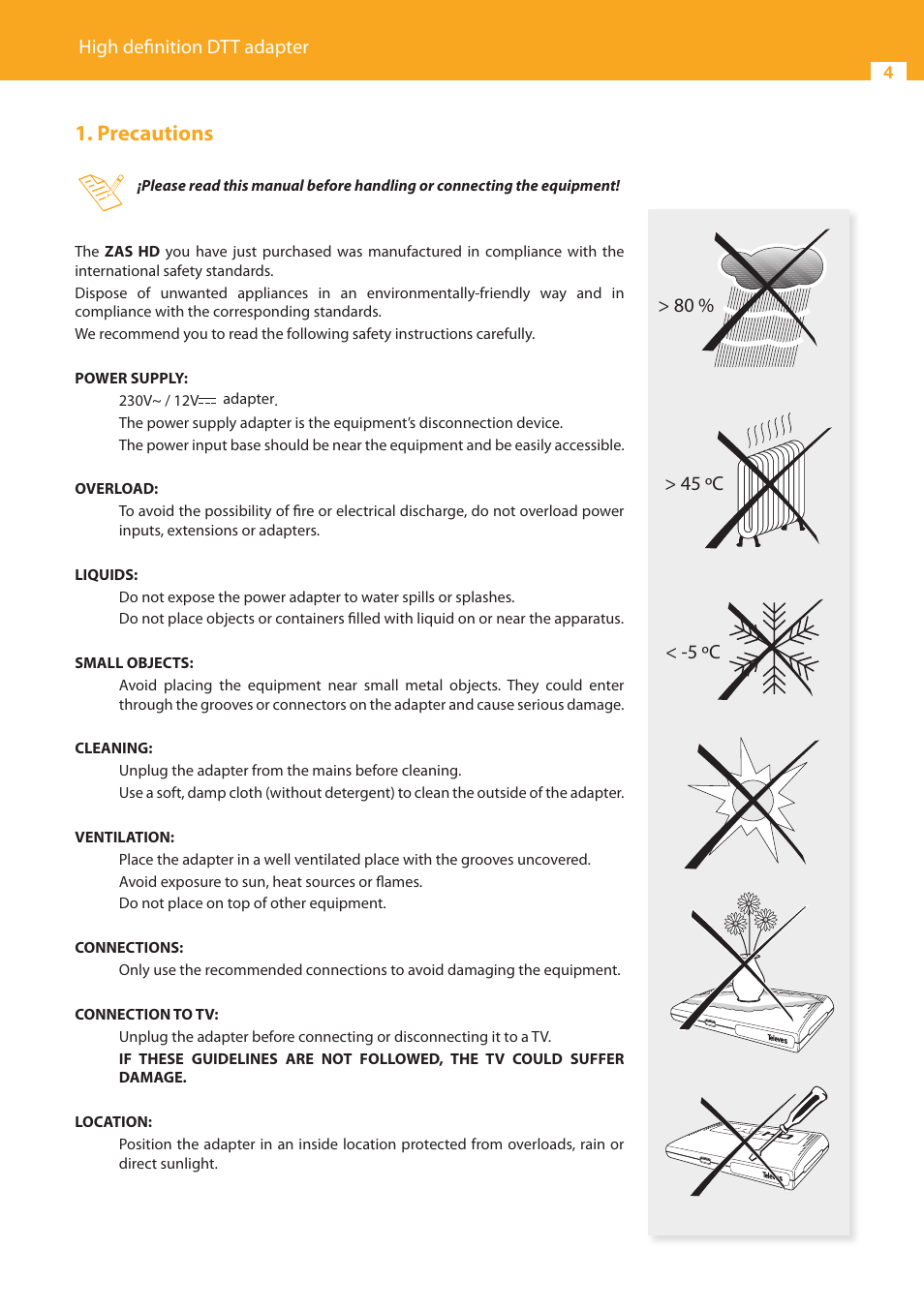 Precautions, High definition dtt adapter | Televes HD DTT Receiver User Manual | Page 4 / 40