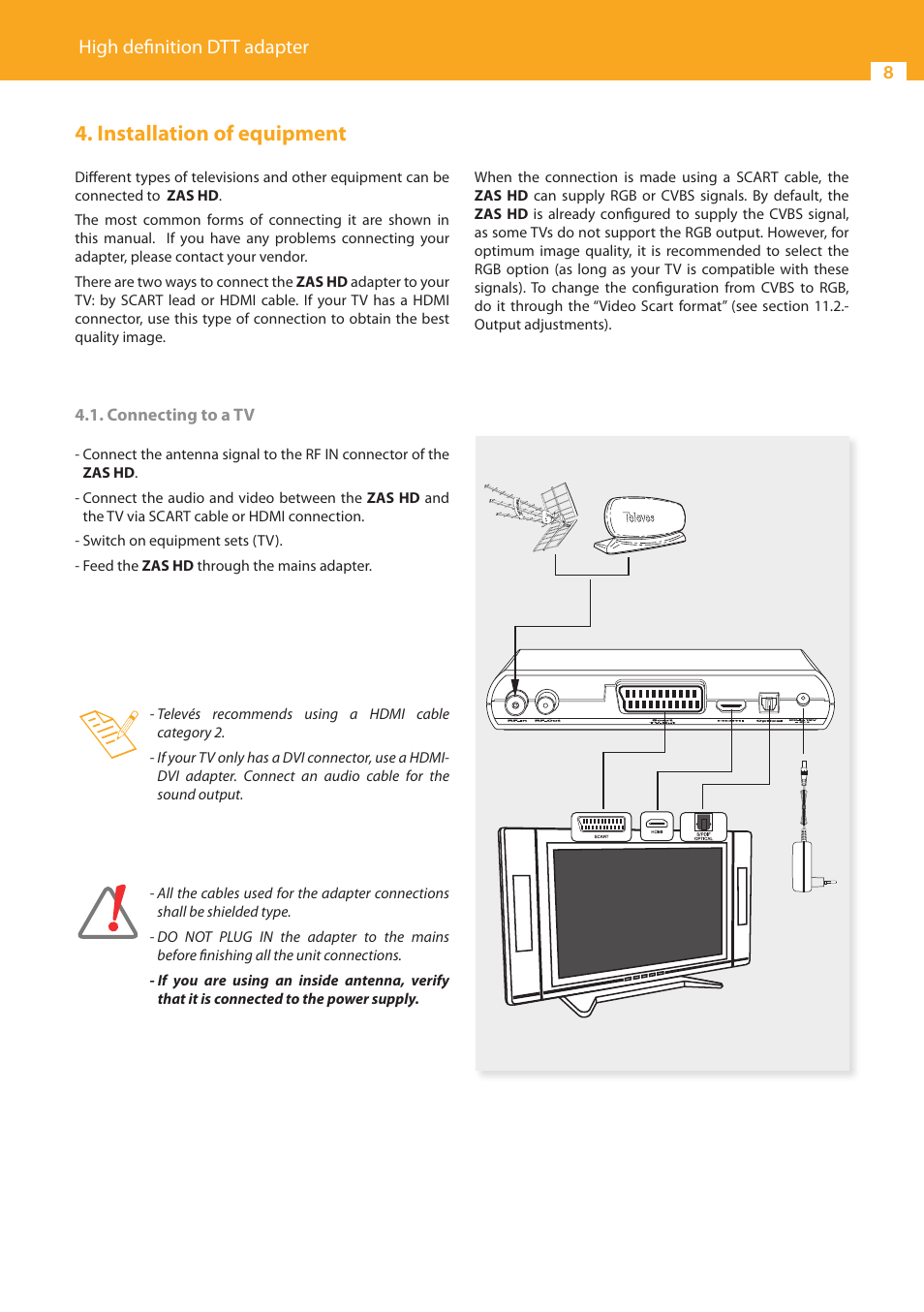 Installation of equipment, High definition dtt adapter | Televes HD DTT Receiver User Manual | Page 8 / 40