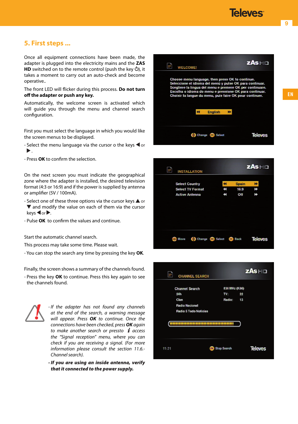 First steps | Televes HD DTT Receiver User Manual | Page 9 / 40