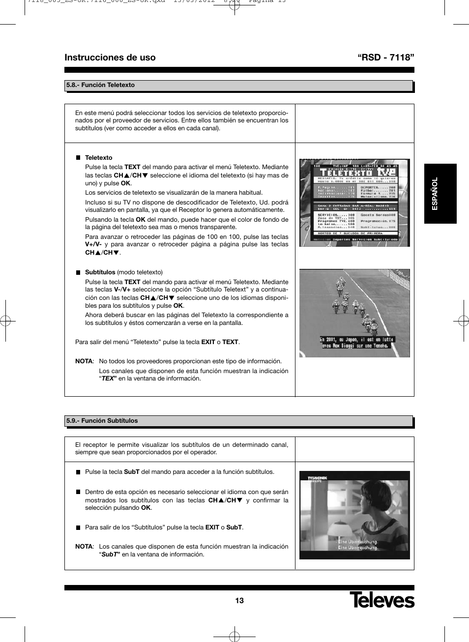 Instrucciones de uso “rsd - 7118 | Televes FTA Satellite receiver w/modulator User Manual | Page 13 / 68