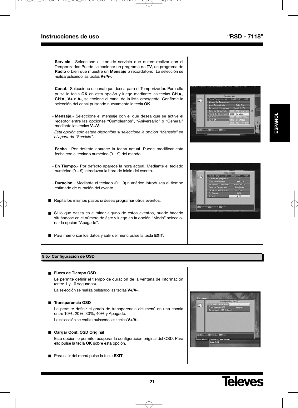 Instrucciones de uso “rsd - 7118 | Televes FTA Satellite receiver w/modulator User Manual | Page 21 / 68