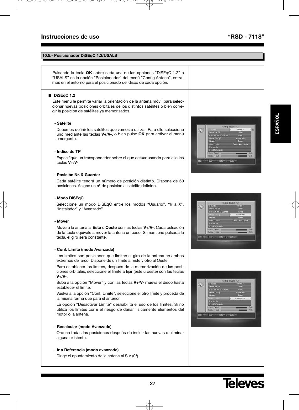Instrucciones de uso “rsd - 7118 | Televes FTA Satellite receiver w/modulator User Manual | Page 27 / 68