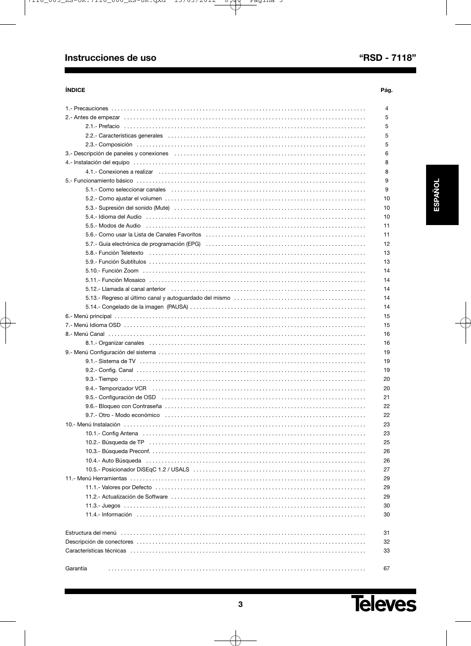 Instrucciones de uso “rsd - 7118 | Televes FTA Satellite receiver w/modulator User Manual | Page 3 / 68