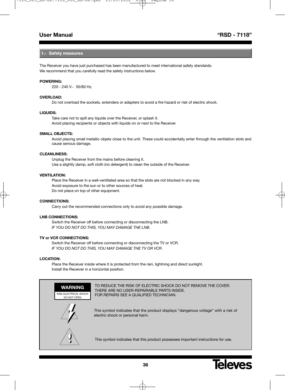 User manual “rsd - 7118 | Televes FTA Satellite receiver w/modulator User Manual | Page 36 / 68