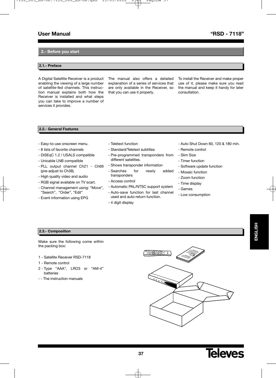 User manual “rsd - 7118 | Televes FTA Satellite receiver w/modulator User Manual | Page 37 / 68