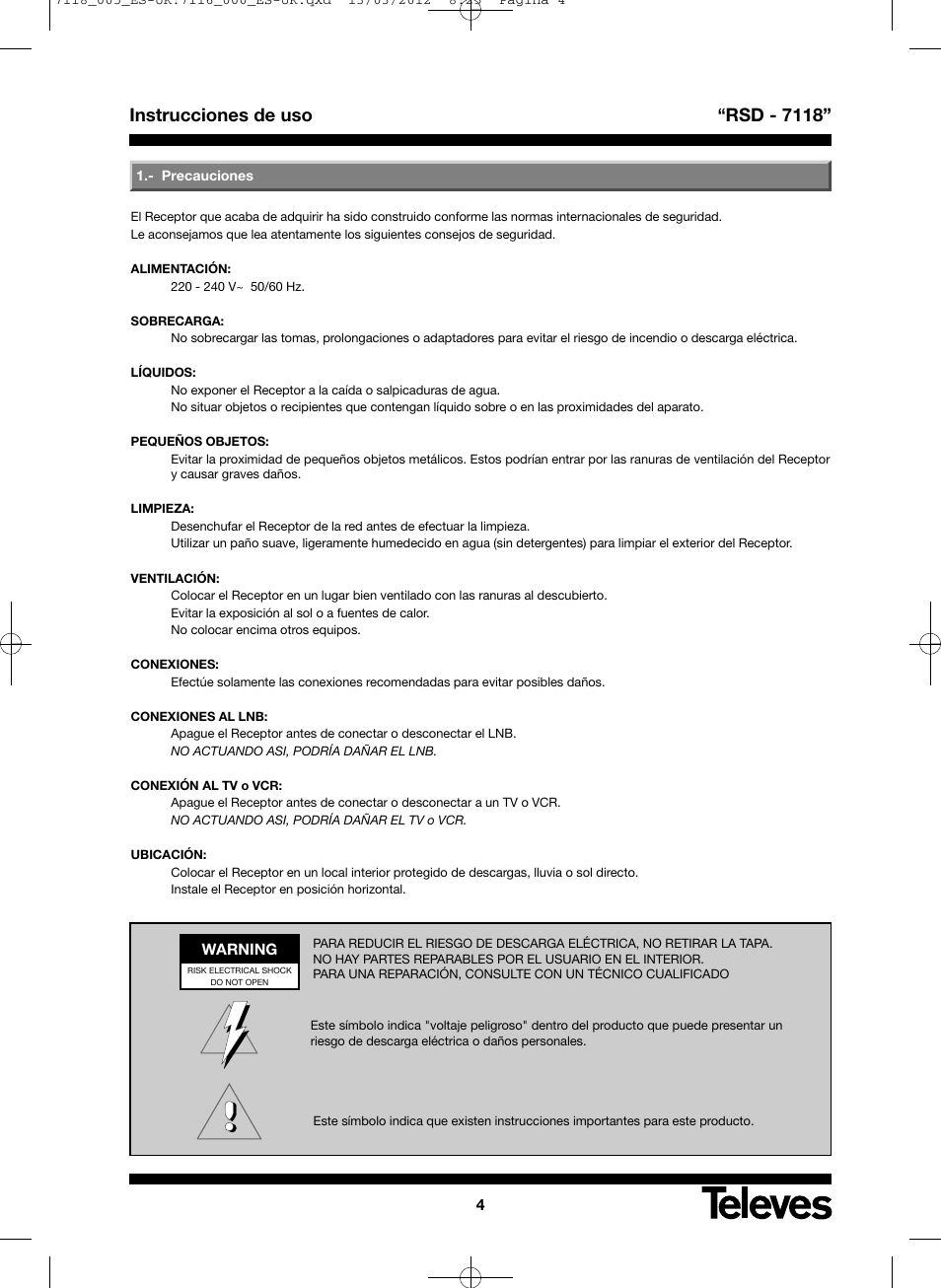 Instrucciones de uso “rsd - 7118 | Televes FTA Satellite receiver w/modulator User Manual | Page 4 / 68