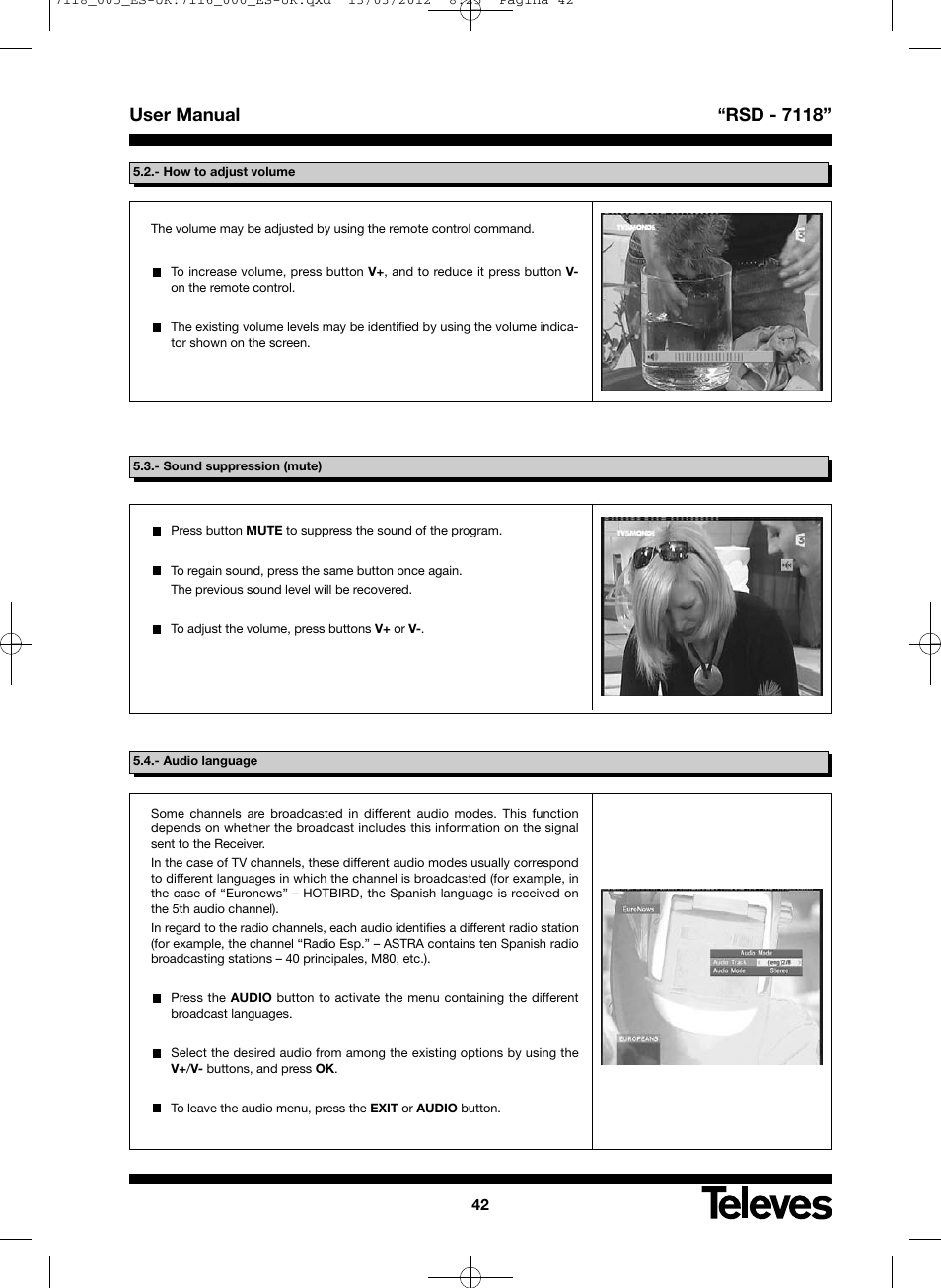 User manual “rsd - 7118 | Televes FTA Satellite receiver w/modulator User Manual | Page 42 / 68